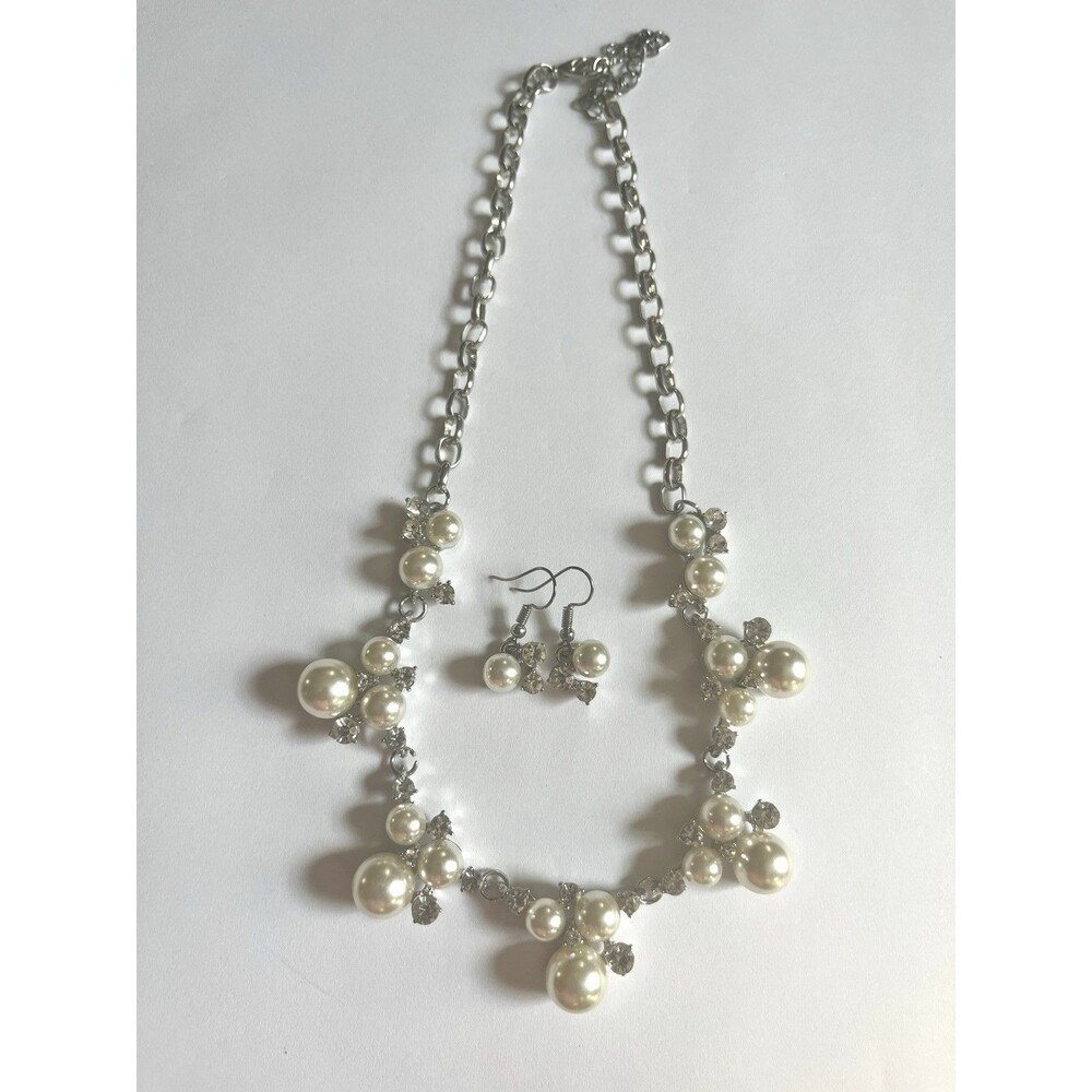 Faux Pearl Rhinestone Statement Necklace Earrings Set Bridal Wedding Silver Tone